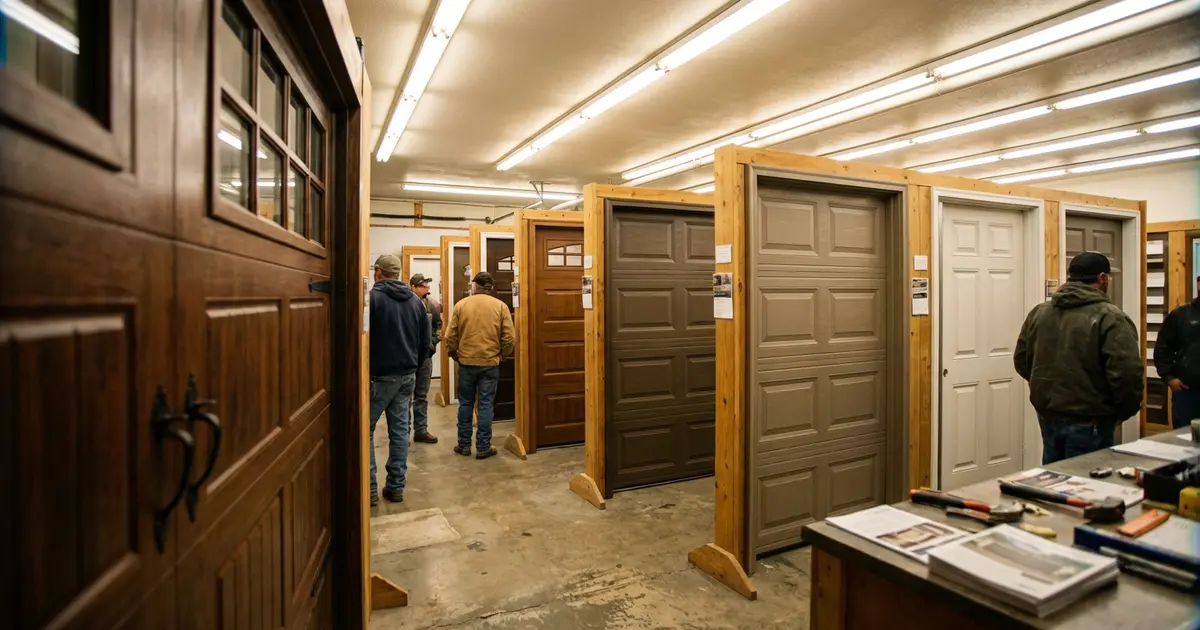 Comparison of top garage door brands in a showroom setting
