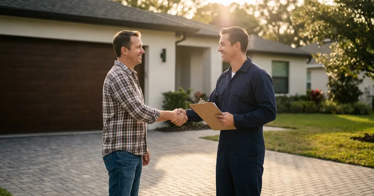 Homeowner meeting with a garage door repair technician in a residential driveway