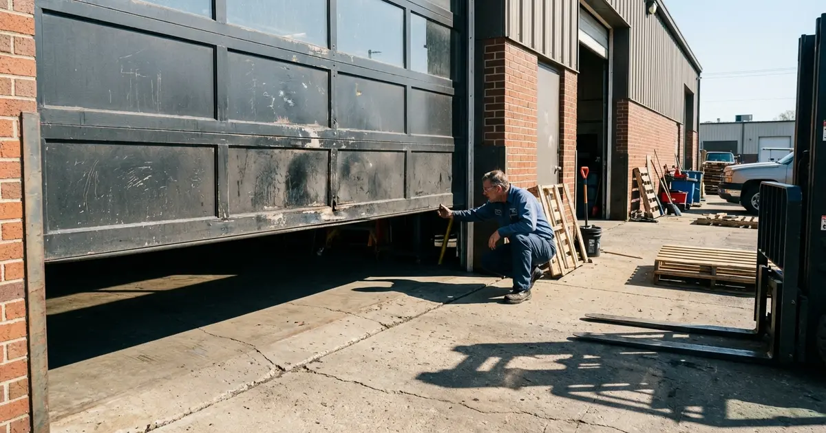 Professional technician repairing a commercial steel roll-up garage door