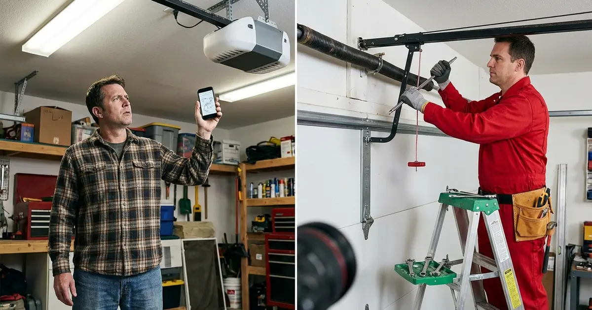Homeowner comparing DIY vs professional garage door repair