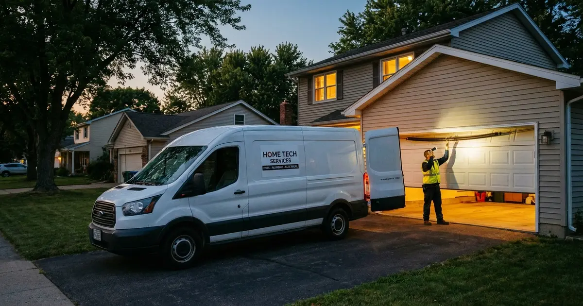 Emergency garage door repair truck at a residential home at dusk