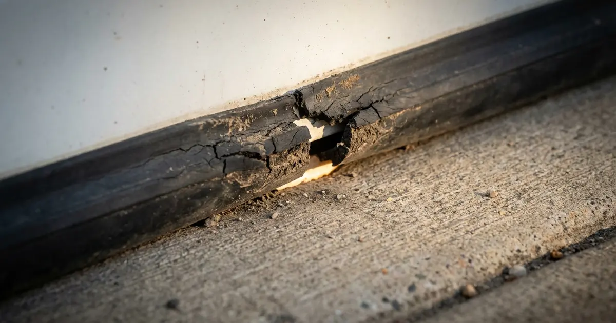 Close-up of a weathered garage door bottom rubber seal on concrete