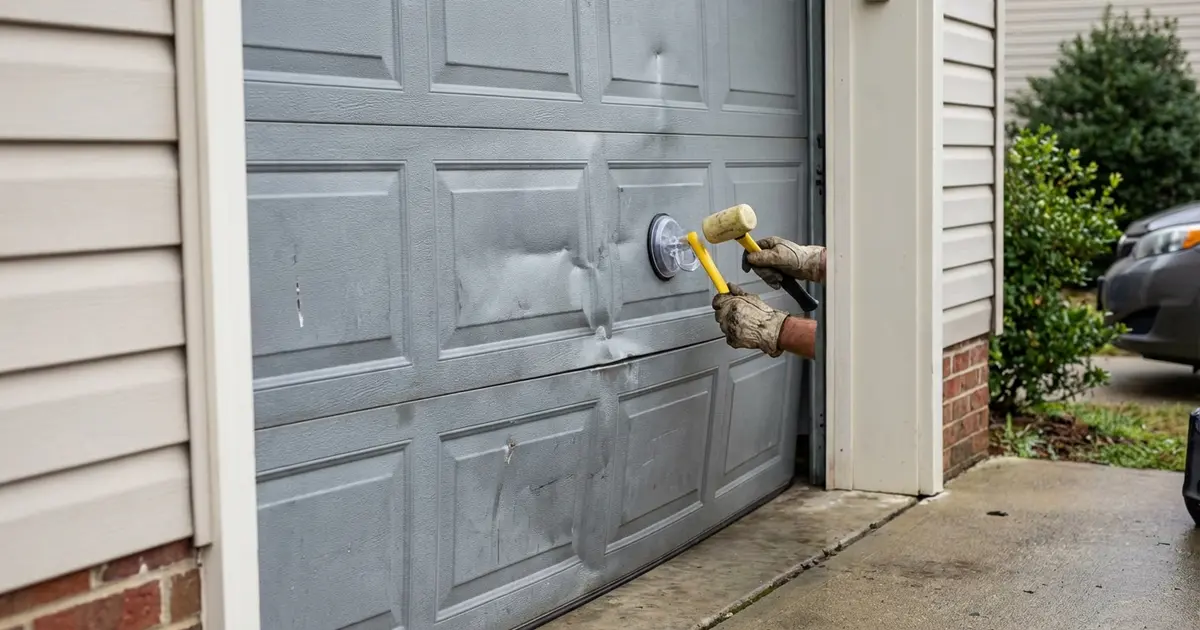 Technician repairing a dent in a residential steel garage door panel