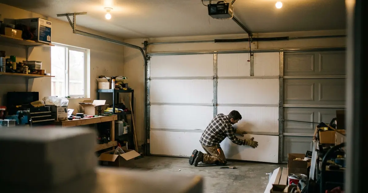Person installing foam insulation panels inside a residential garage door