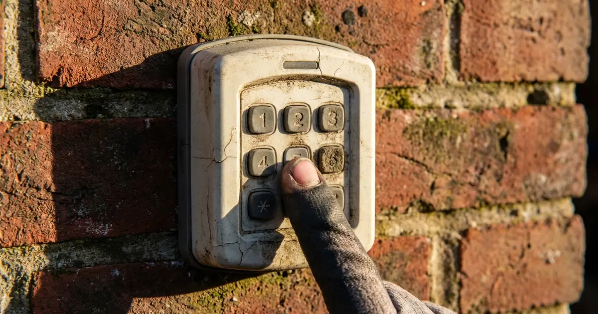 Weathered wireless garage door keypad mounted on exterior brick wall