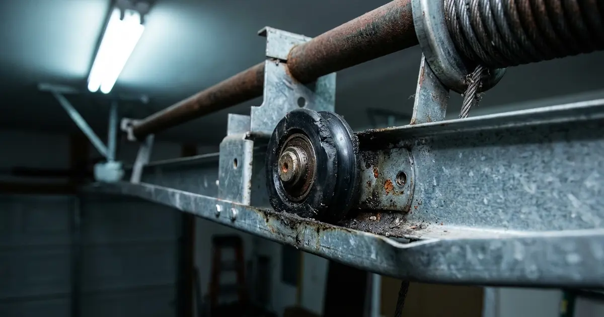 Interior view of garage door hardware showing rollers and track system