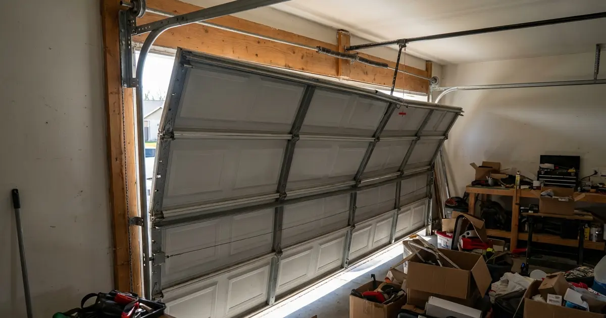 Residential garage door visibly off its track on one side