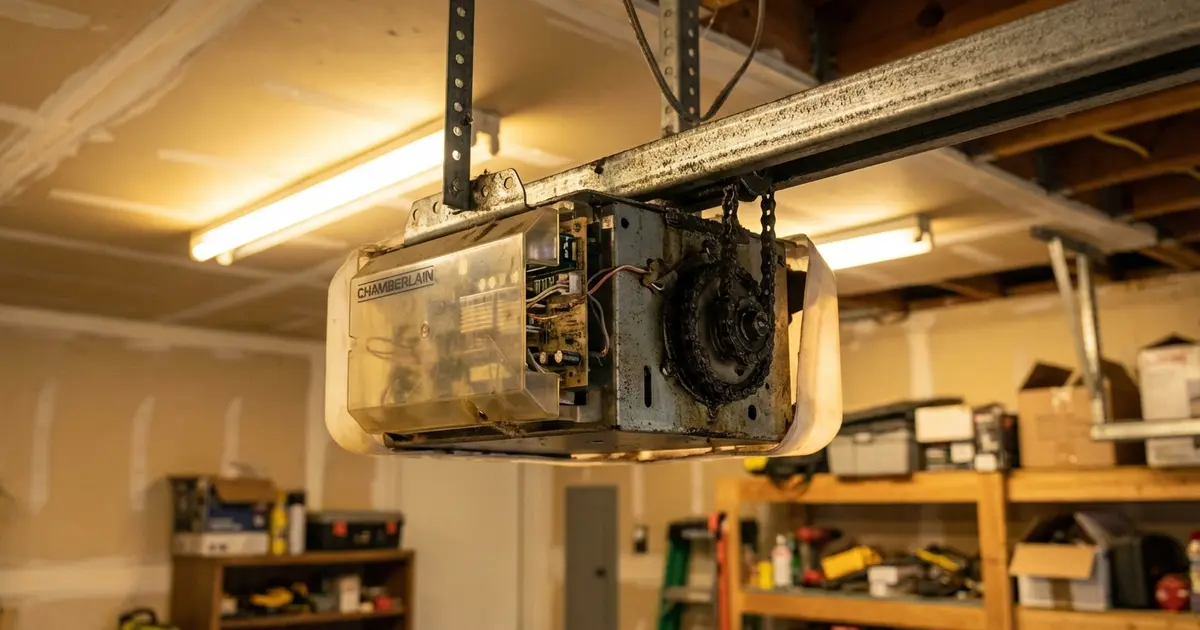 Residential garage door opener motor unit on ceiling rail showing age