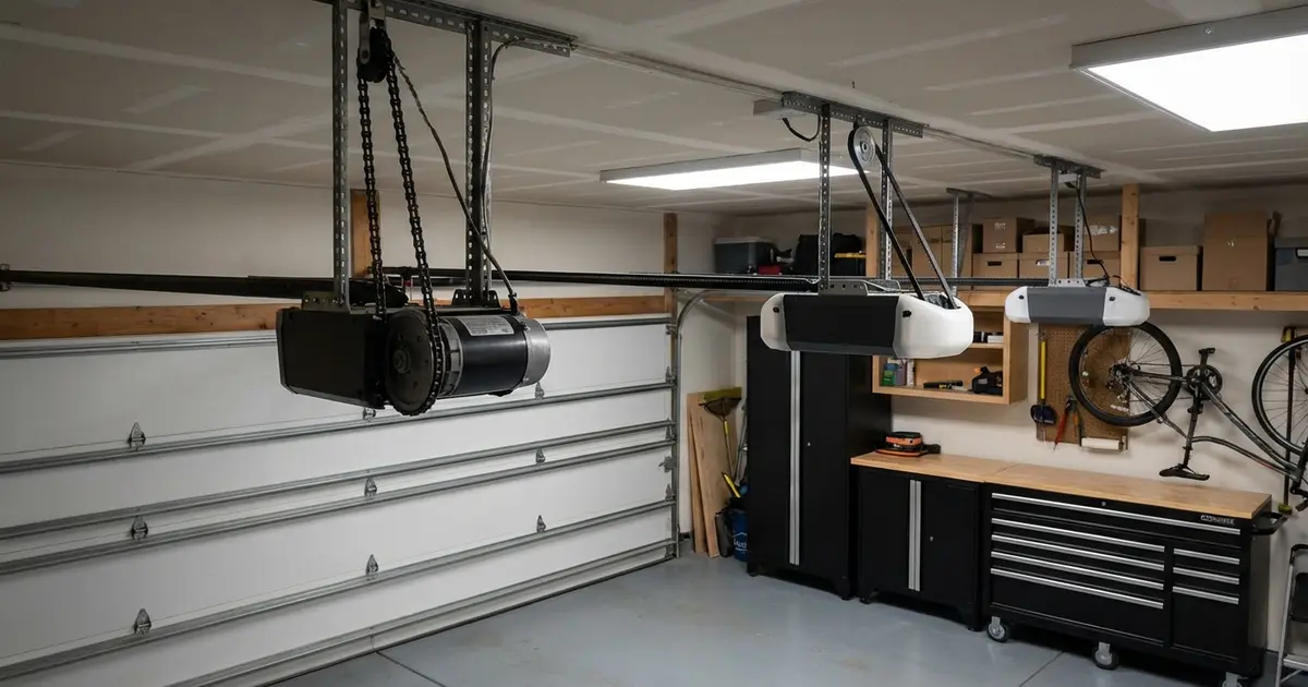 Three different types of garage door openers displayed in a garage
