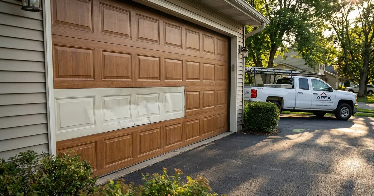 Residential garage door with one damaged panel showing dent and weathering