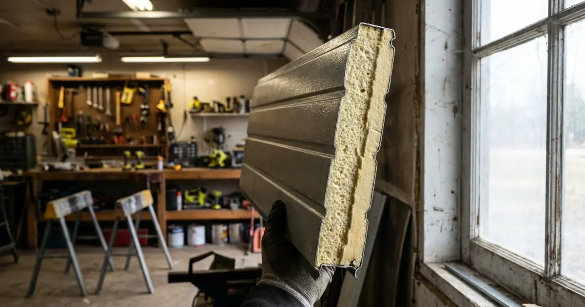 Cross-section of insulated garage door panel showing foam insulation core