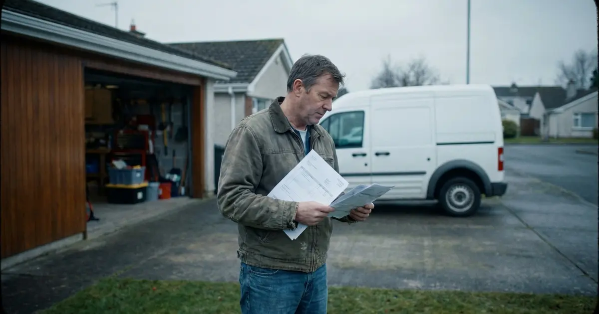 Homeowner reviewing a garage door repair cost estimate in front of an open garage