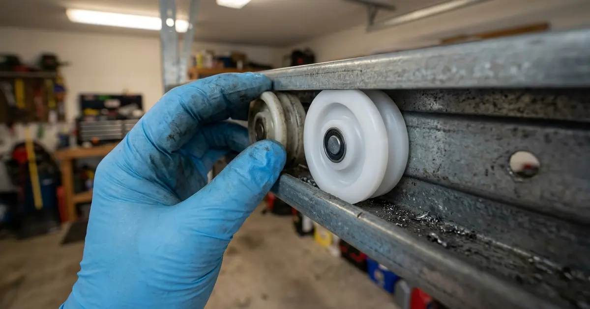 Technician replacing a nylon roller in a residential garage door track