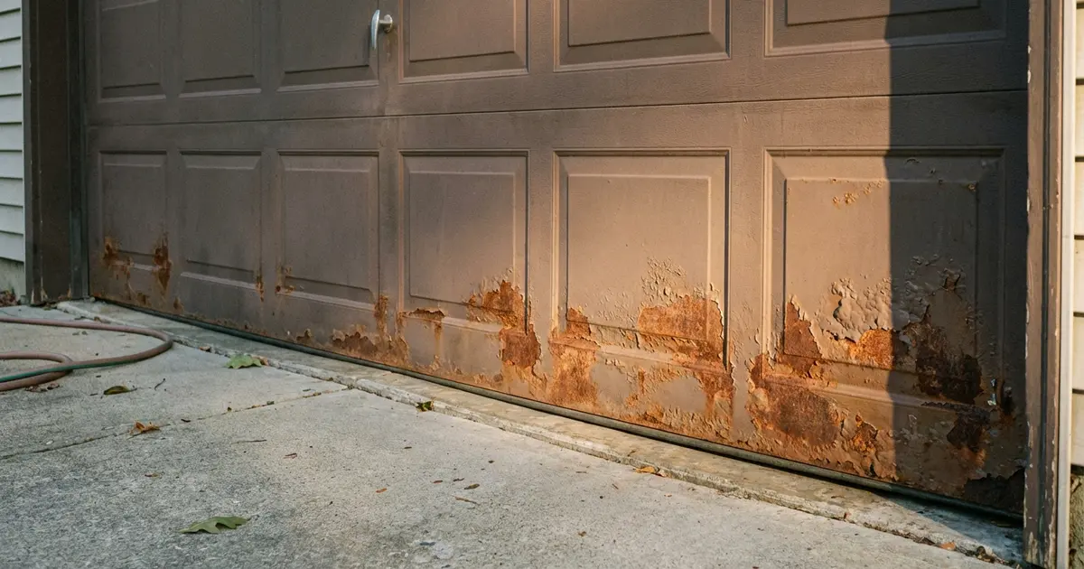 Residential steel garage door with surface rust and bubbling paint on lower panel