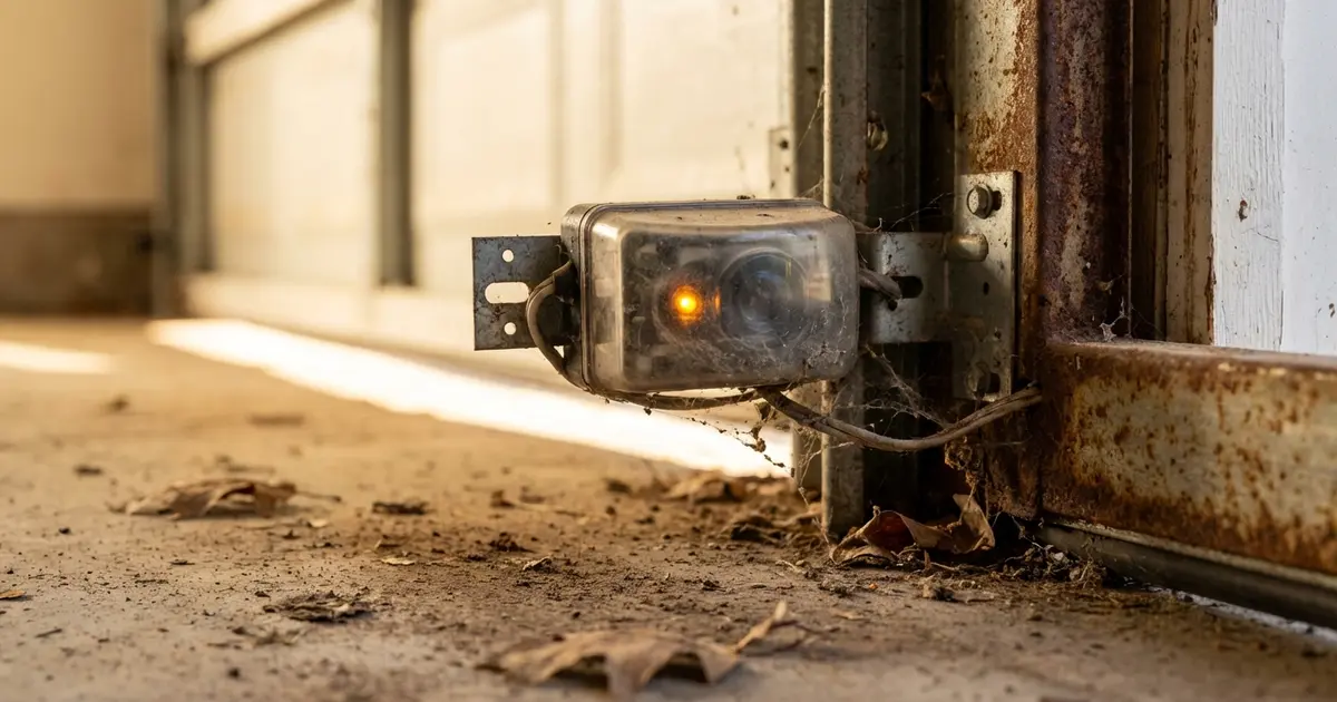 Garage door photo-eye safety sensor mounted near floor on track frame