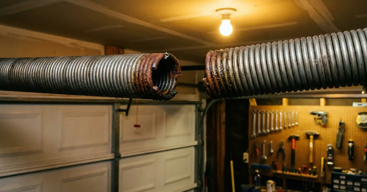 Close-up of a broken garage door torsion spring showing rust and wear