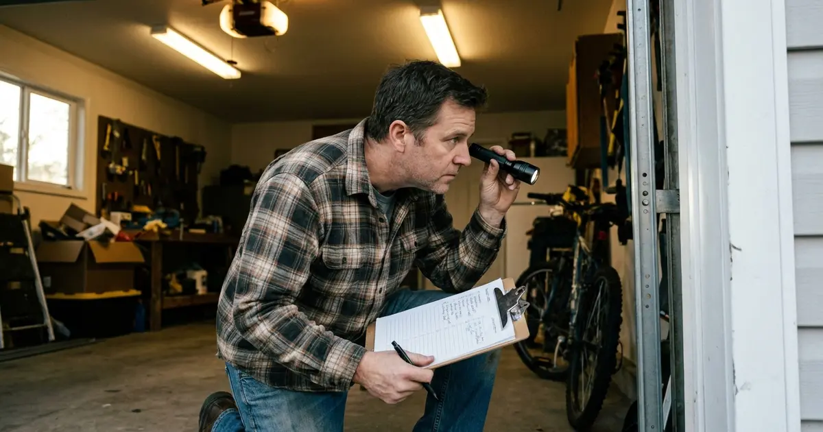 Homeowner with clipboard inspecting garage door system with flashlight