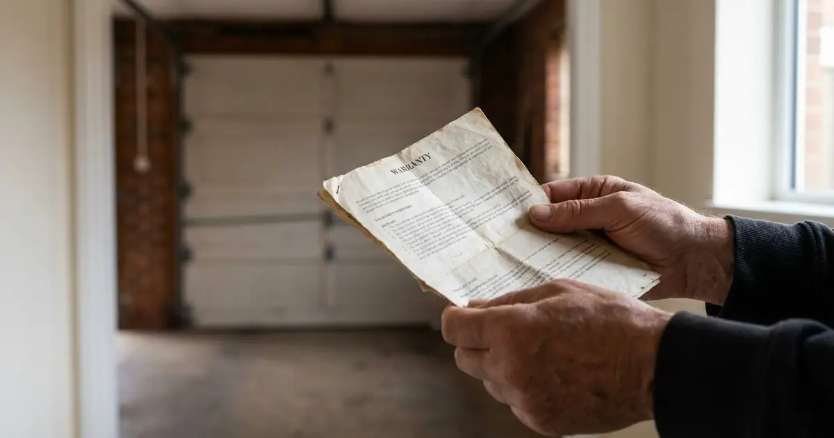 Hands holding a warranty document next to a residential garage door