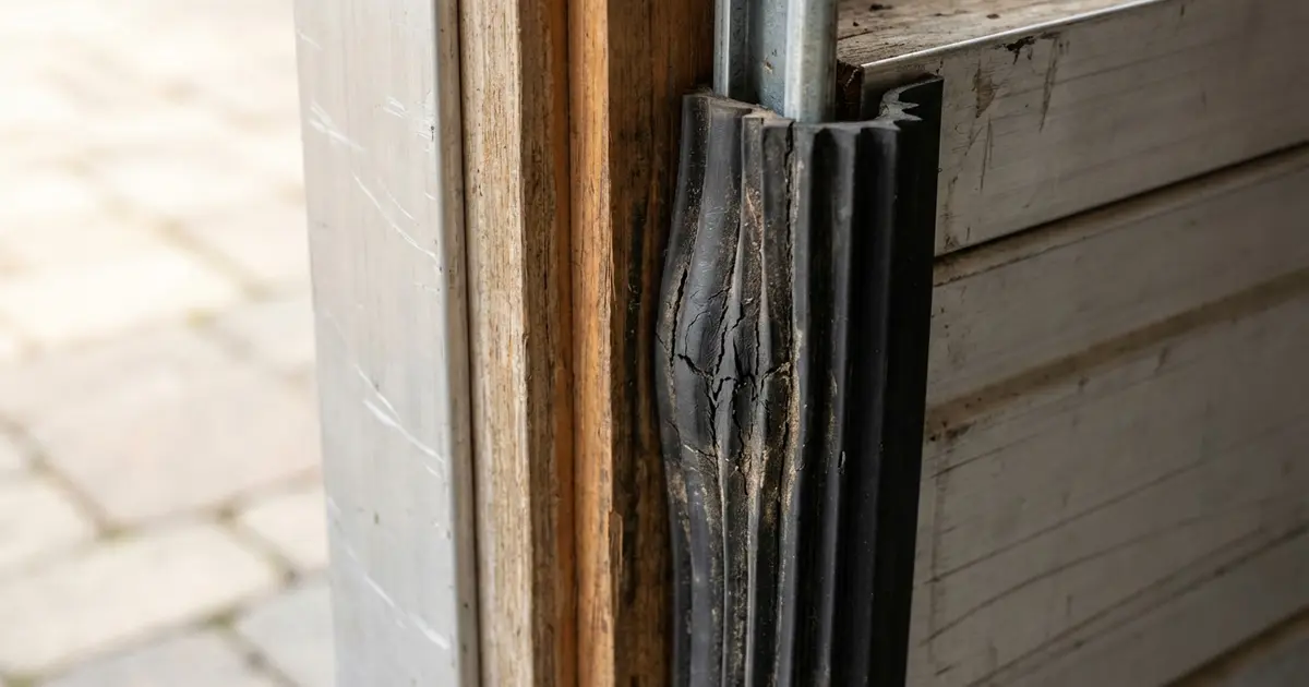 Close-up of garage door weatherstripping seal on side jamb and top frame