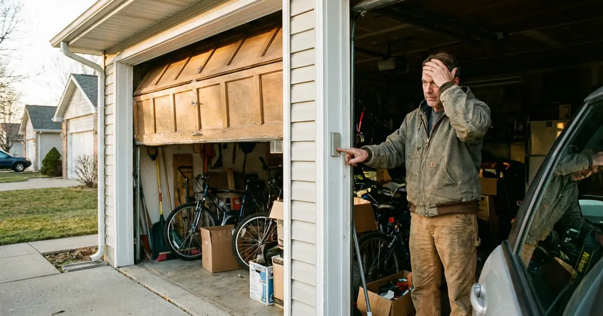 Frustrated homeowner checking wall control panel for stuck-open garage door