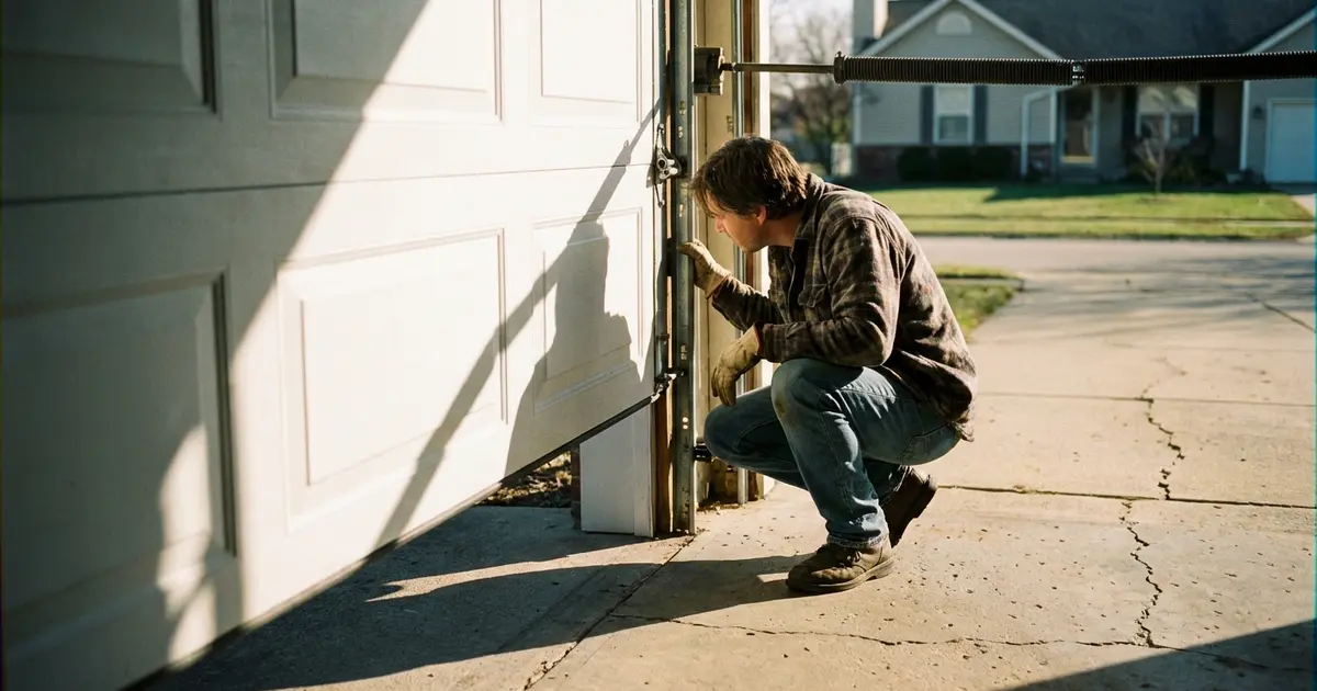 Homeowner inspecting a stuck garage door track mechanism on a residential driveway