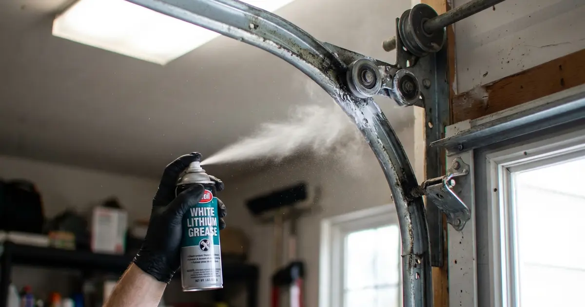 Hand spraying white lithium lubricant on garage door roller and track