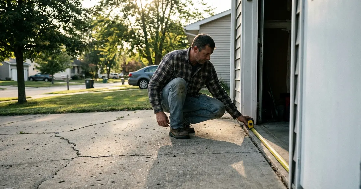 Homeowner measuring garage door opening width with yellow tape measure