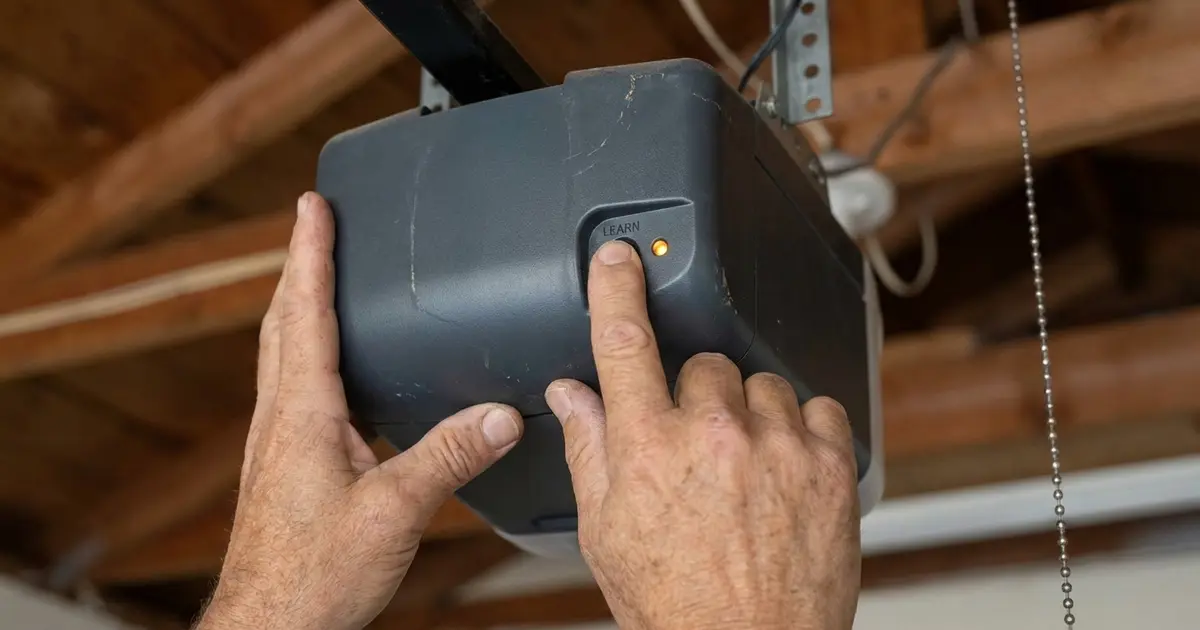 Hands pressing learn button on residential garage door opener unit