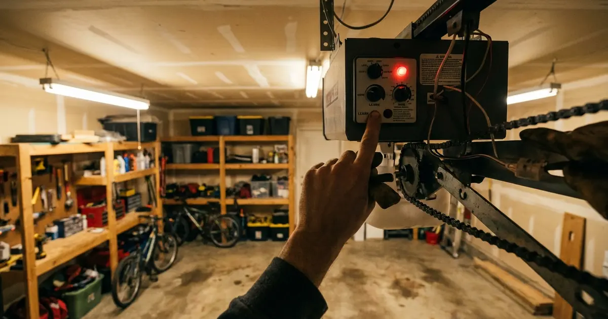 Hand pressing reset learn button on ceiling-mounted garage door opener