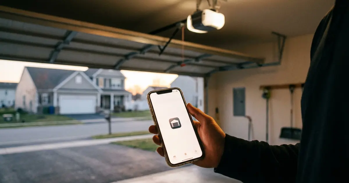 Smartphone with garage door control app near an open garage with smart opener
