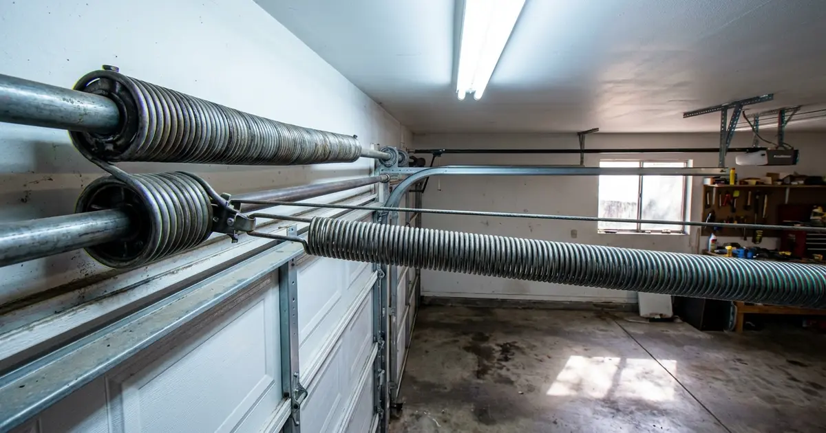 Garage interior showing both torsion spring above door and extension spring on track