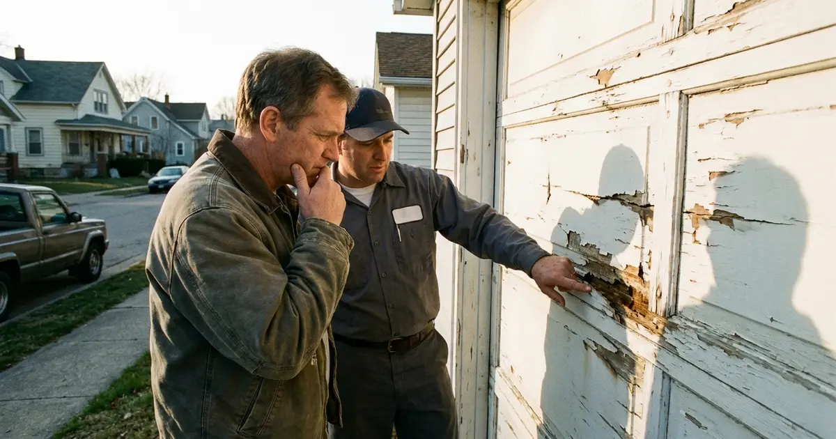 Homeowner and technician examining an old weathered residential garage door