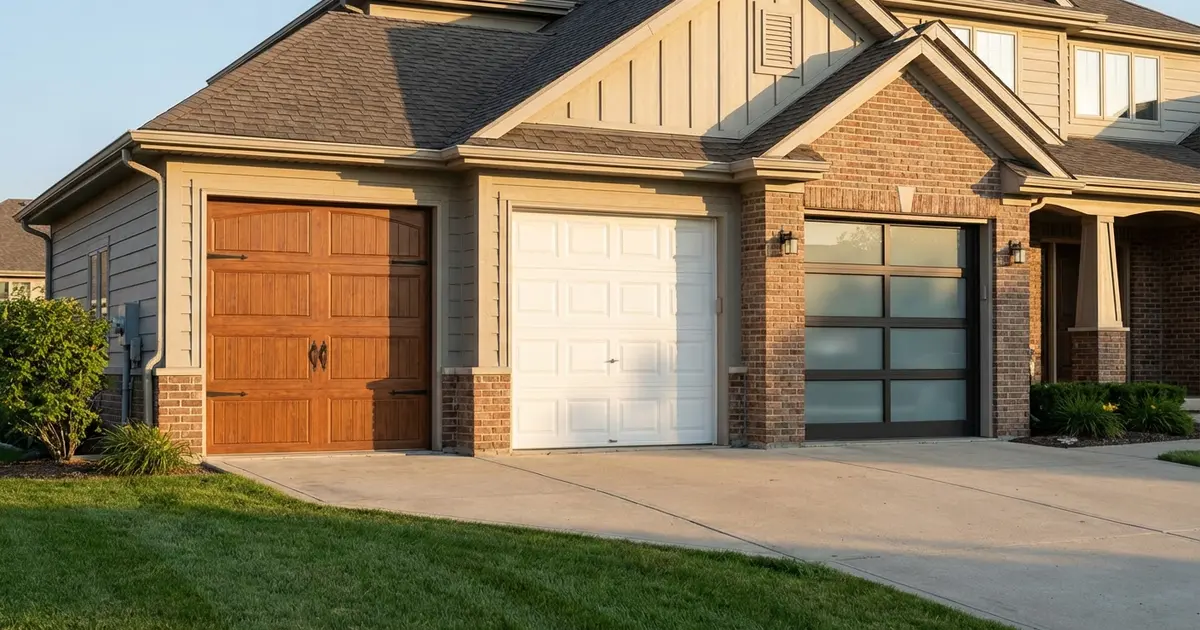 Three adjacent garage doors showing wood, steel, and aluminum styles